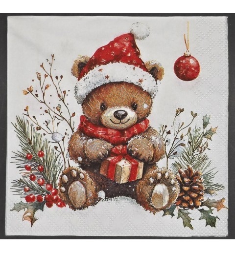 Serviette Bären mit Weihnachtsmütze/Weihnachtskugeln/Tannäste