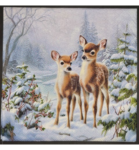 Serviette Zwei Rehkitze im Winterwald/Schnee