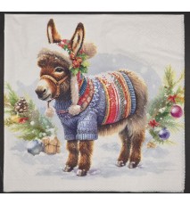 Serviette Esel mit Mütze und Winterpullover/Schnee