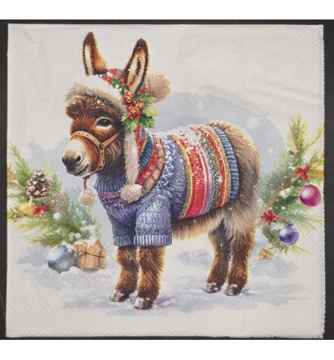 Serviette Esel mit Mütze und Winterpullover/Schnee