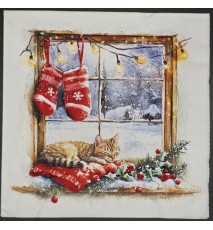 Serviette Katze liegt am Fenster/Winterlandschaft
