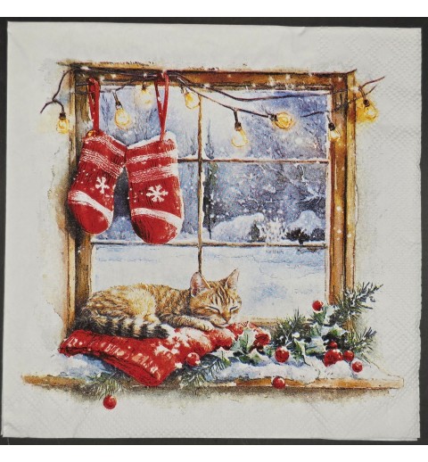 Serviette Katze liegt am Fenster/Winterlandschaft