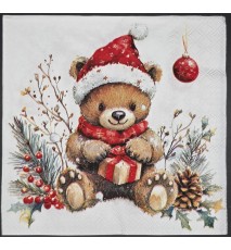 Serviette Bären mit Geschenk/Weihnachtskugeln rot