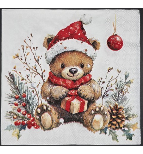Serviette Bären mit Geschenk/Weihnachtskugeln rot