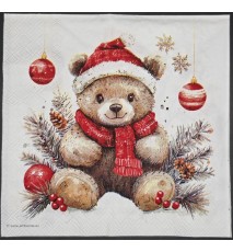 Serviette Bären mit Geschenk/Weihnachtskugeln rot