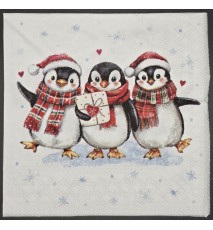 Serviette Drei lustige Pinguine im Schnee mit Mützen und Schals