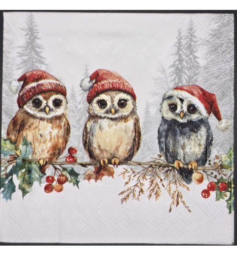 Serviette Drei Eulen auf Ast mit Weihnachtsmützen/Schnee
