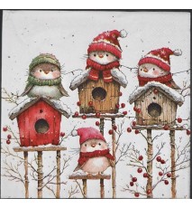 Serviette Vögel mit Mützen auf Vogelhäuschen/Schnee