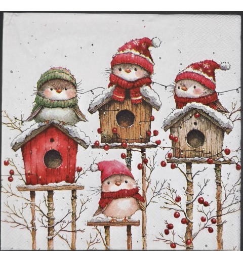 Serviette Vögel mit Mützen auf Vogelhäuschen/Schnee