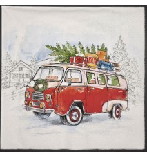 Serviette VW Bus mit Tannenbaum und Geschenken/Schnee