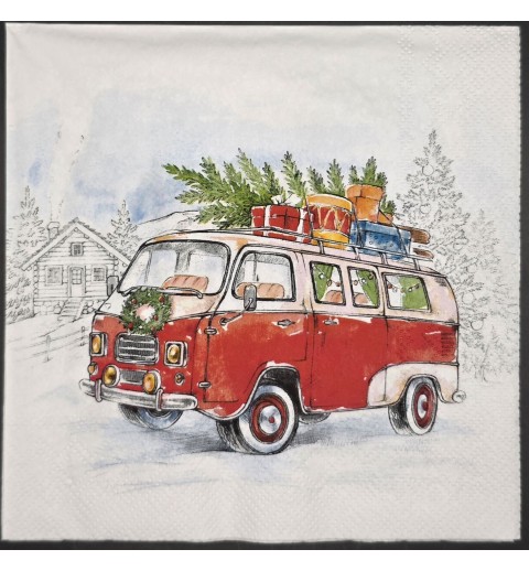 Serviette VW Bus mit Tannenbaum und Geschenken/Schnee