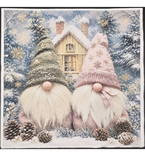 Serviette Zwei Wichtel/Haus/Schnee/Tannenzapfen