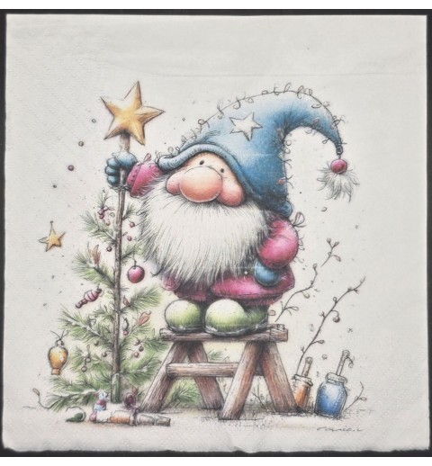 Serviette Wichtel schmückt Weihnachtsbaum