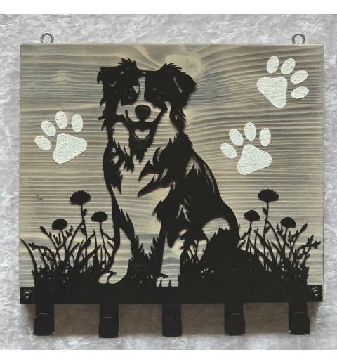 Garderobe Border Collie sitzend aus Metall/Holz geflammt-weiss