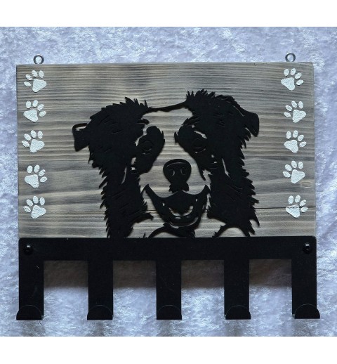 Garderobe Border Collie Kopf Metall/Holz geflammt-weiss