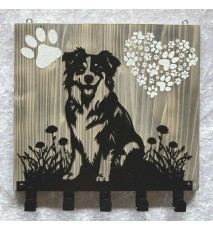 Garderobe Border Collie sitzend/Wiese Metall/Holz geflammt-weiss