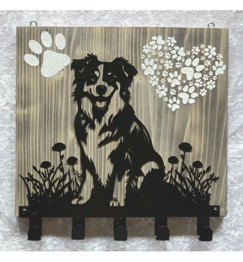 Garderobe Border Collie sitzend/Wiese Metall/Holz geflammt-weiss