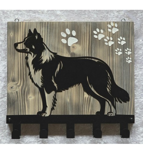 Garderobe Border Collie stehend Metall/Holz geflammt-weiss