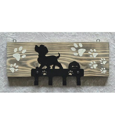 Garderobe Hund mit Napf Metall/Holz geflammt-weiss