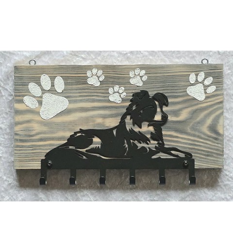 Garderobe Border Collie liegend Metall/Holz geflammt-weiss