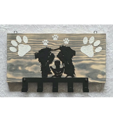 Garderobe Border Collie Kopf Metall/Holz geflammt-weiss