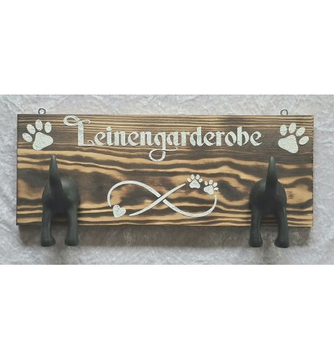 Leinengarderobe Zwei Hundehintern Haken schwarz/Holz geflammt