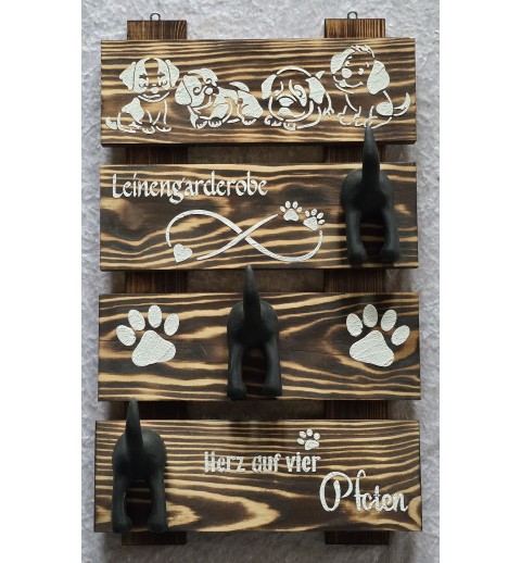 Leinengarderobe Drei Hundehintern Haken schwarz/Holz geflammt