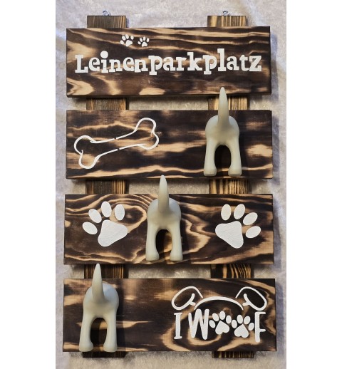Leinenparkplatz Drei Hundehintern Haken hellgrau/Holz geflammt