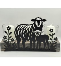 Kerzen Balken Schaf mit Lamm/Blumen schwarz