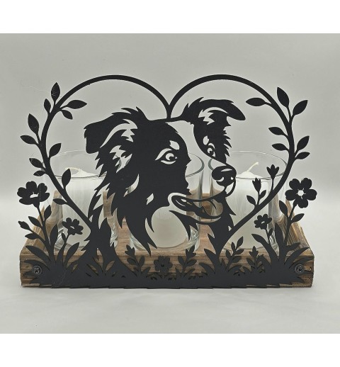 Kerzen Holzkistchen Border Collie und Herz schwarz
