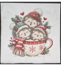 Serviette Drei Igel in Weihnachtstasse