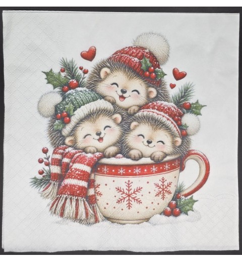 Serviette Drei Igel in Weihnachtstasse