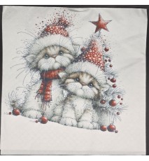 Serviette Zwei weisse Katzen mit Weihnachtsmützen