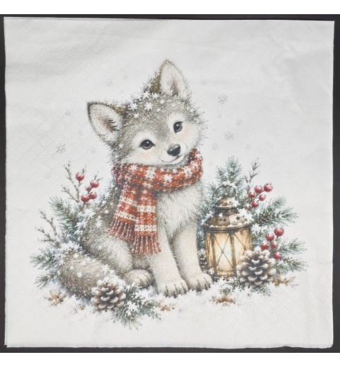 Serviette Junger Wolf mit Schal/Schnee