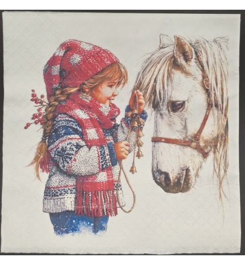 Serviette Mädchen mit weissem Pferd/Winter
