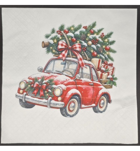 Serviette Rotes Auto mit Weihnachtsbaum auf dem Dach
