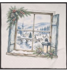 Serviette Fenster mit Blick auf die verschneite Stadt