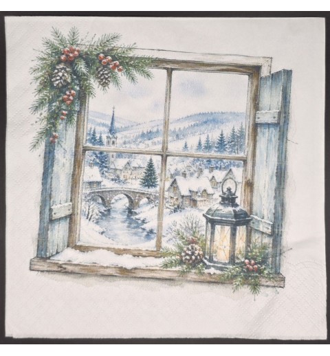 Serviette Fenster mit Blick auf die verschneite Stadt
