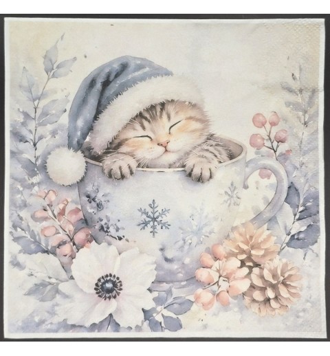 Serviette Katze mit Wintermütze in Tasse/Winterblumen