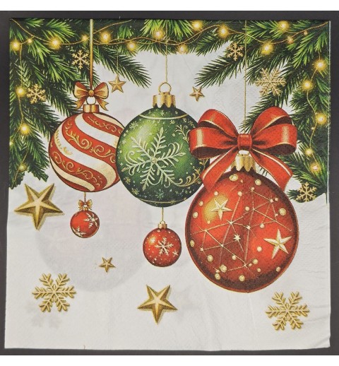 Serviette Weihnachtskugeln orange-grün/Tannenäste