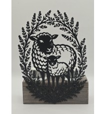 Teelicht Balken Schaf mit Lamm schwarz/Holz geflammt-weiss