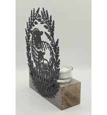 Teelicht Balken Schaf mit Lamm schwarz/Holz geflammt-weiss