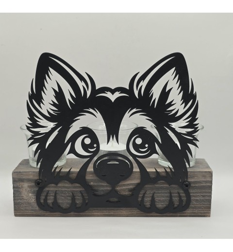 Teelicht Balken Lustiger Hund schwarz/Holz geflammt-weiss
