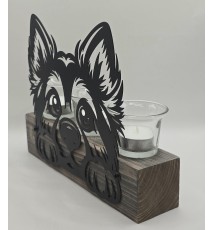 Teelicht Balken Lustiger Hund schwarz/Holz geflammt-weiss