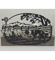 Kerzen Balken Border Collie und Schafe schwarz/Holz geflammt-weiss