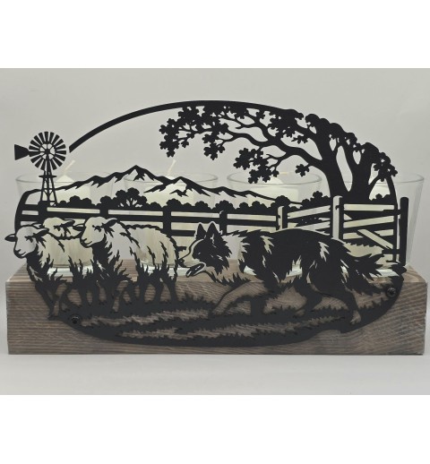 Kerzen Balken Border Collie und Schafe schwarz/Holz geflammt-weiss