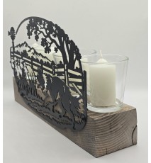 Kerzen Balken Border Collie und Schafe schwarz/Holz geflammt-weiss