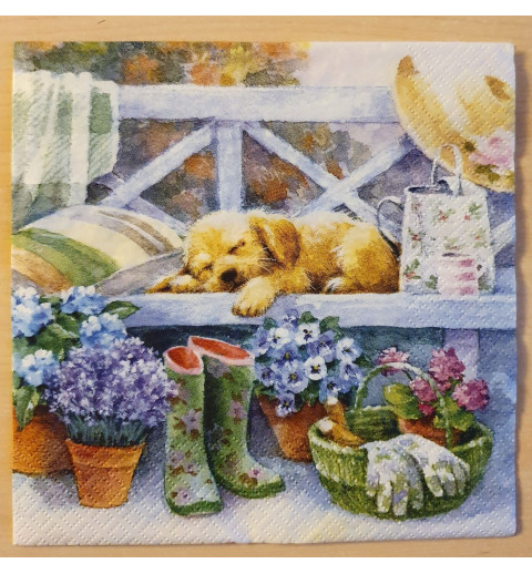 Servietten Hund auf Gartenbank