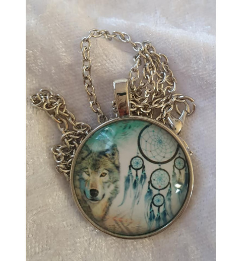 Kette mit Cabochon-Anhänger Wolf/Traumfänger